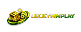 LUCKYMMPLAY casino logo with gold dice, crypto coin, green swoosh, and lucky star on transparent background